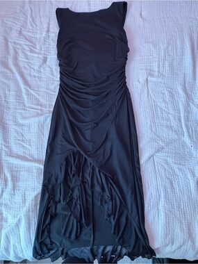 Elegant Black Ruched Maxi Dress with Asymmetrical Hem